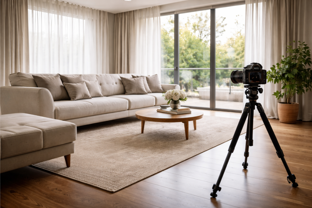 Fotografía inmobiliaria profesional de salón luminoso preparada para la venta en Valencia